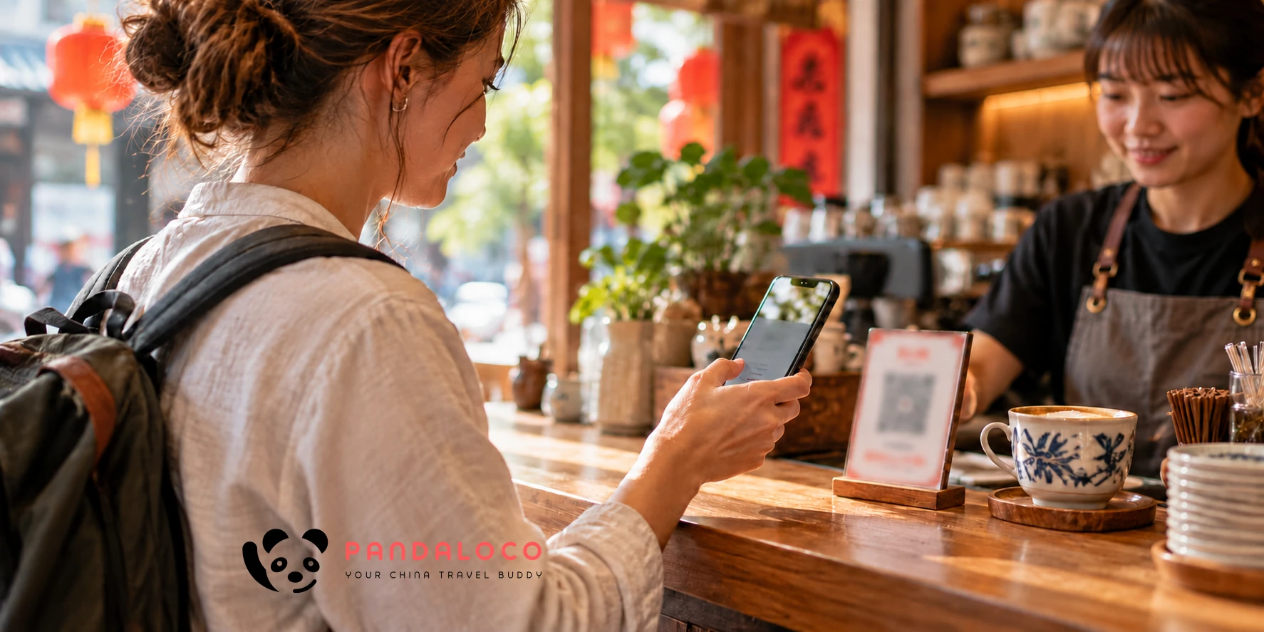 Illustration of a traveler using a phone to pay a merchant at a cafe in China.