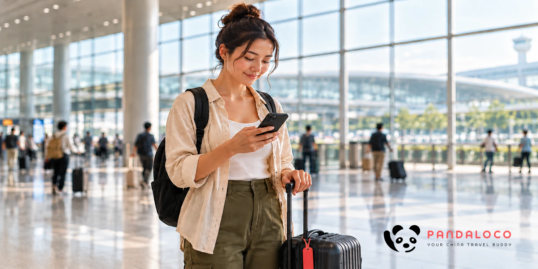 Illustration of a traveler checking a phone beside luggage in an airport arrivals hall.