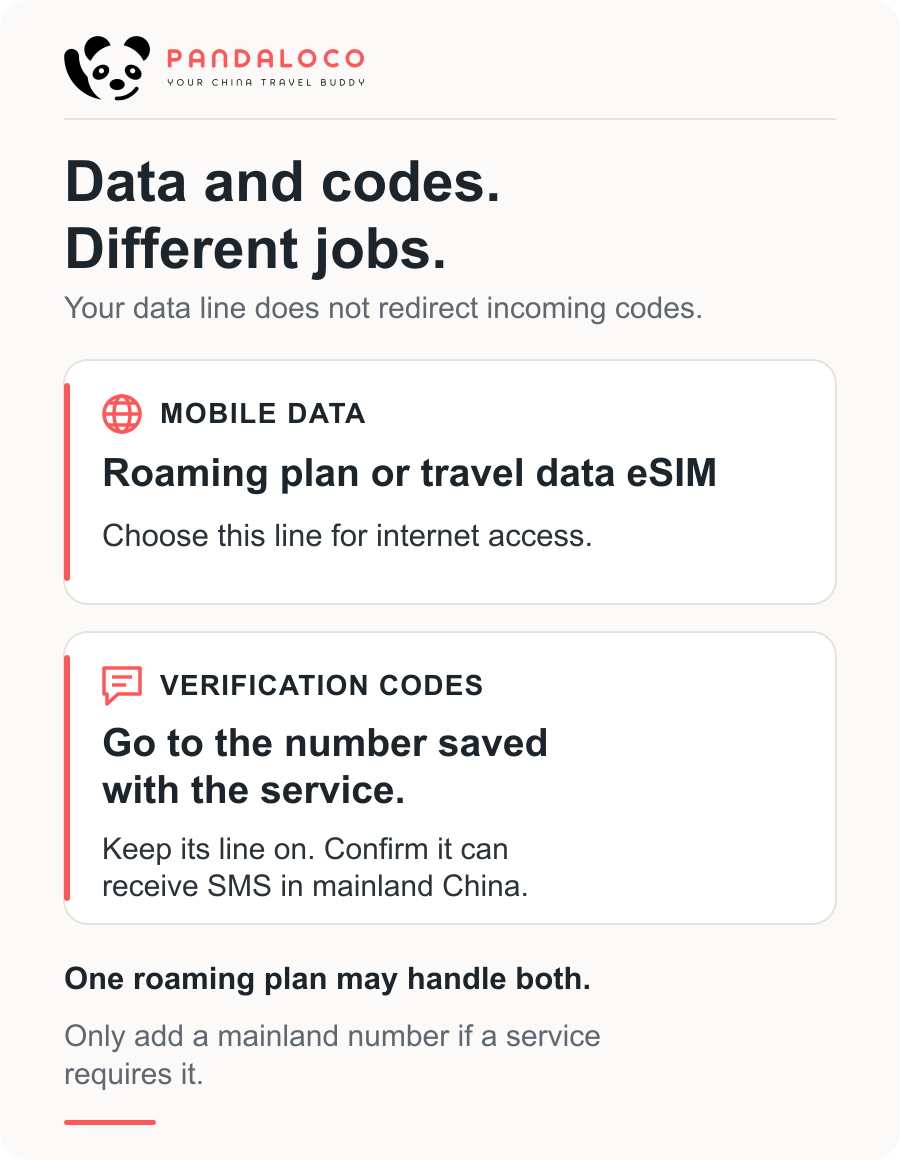 Mobile data uses the selected data line; verification codes go to the number registered with the service. One roaming plan may handle both.